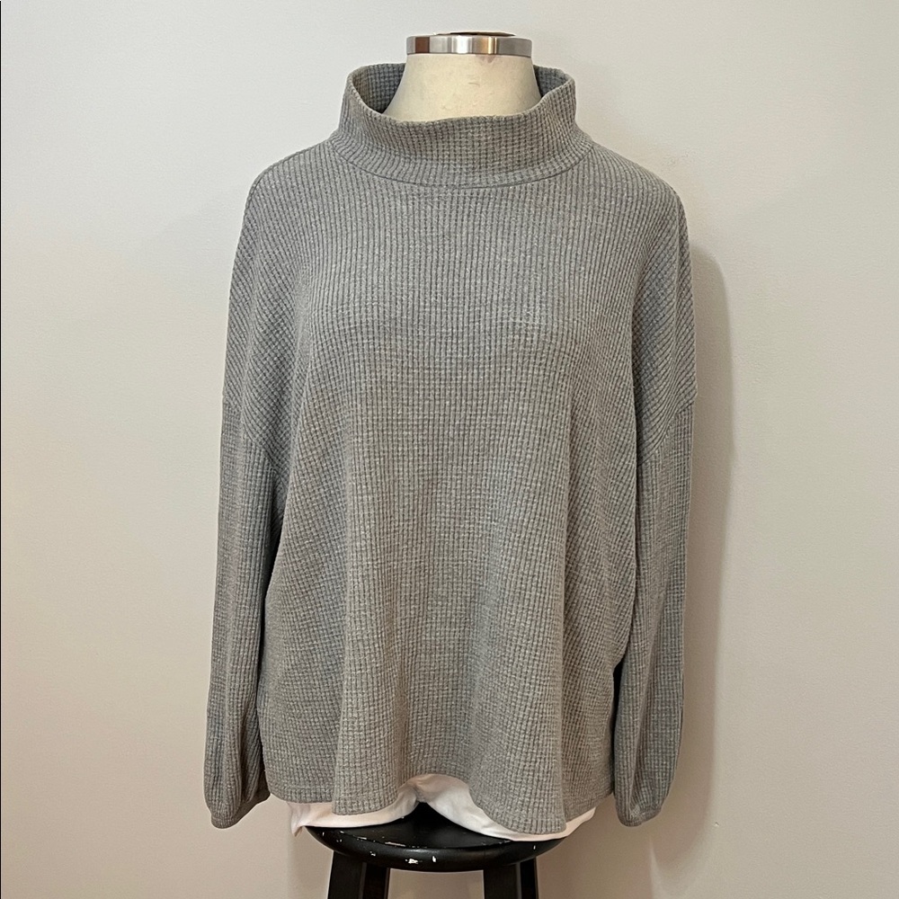 Ava & Viv Elegant Gray Cowl Neck Waffle Knit with Ballon Sleeve Top